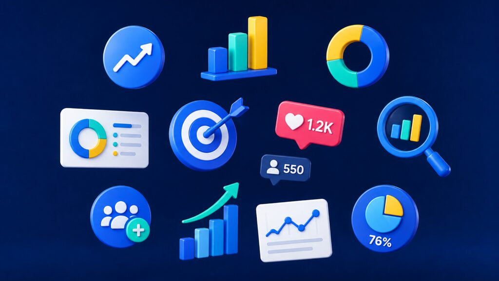 Social media analytics icons representing engagement, audience growth, reach and performance