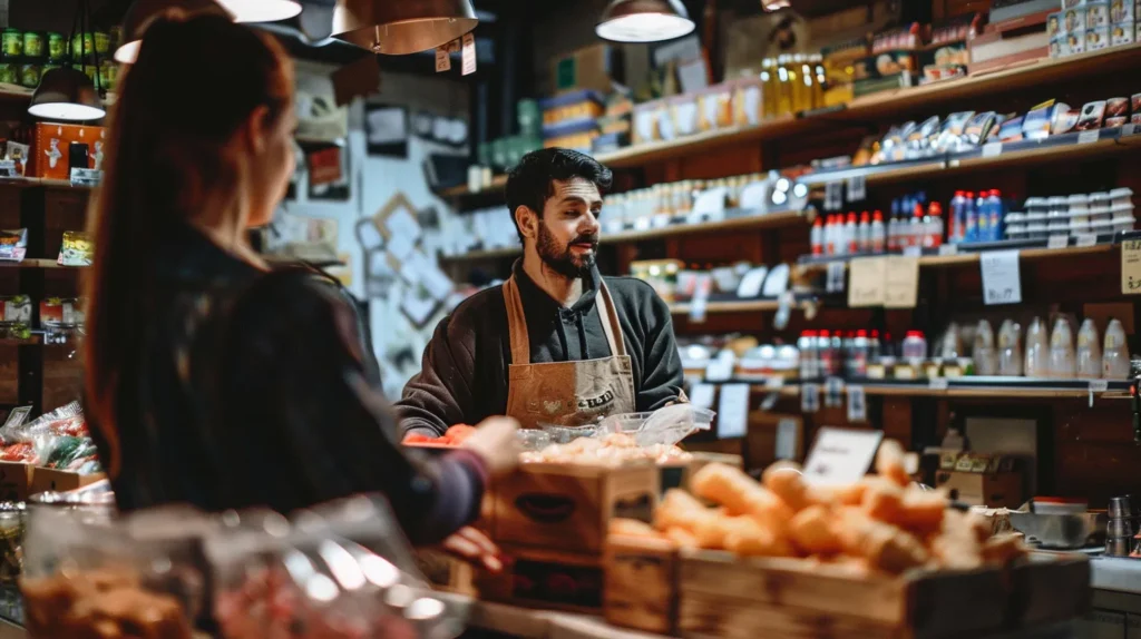 small shop owner inside the store helping customer