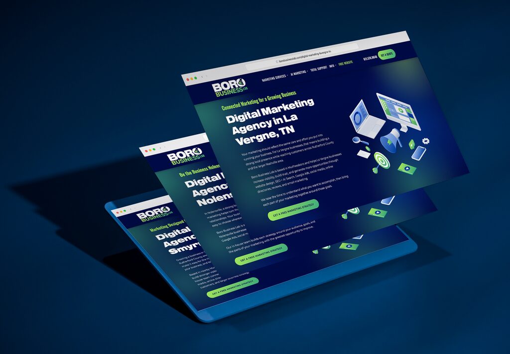 Layered Boro Business Lab website pages illustrating location-based digital marketing for Middle Tennessee cities