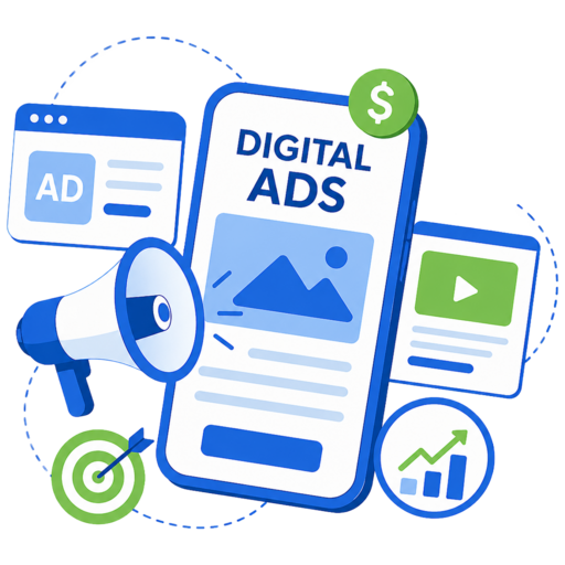 Digital advertising for Spring Hill, TN businesses — a megaphone, a digital ad on a phone and rising performance charts