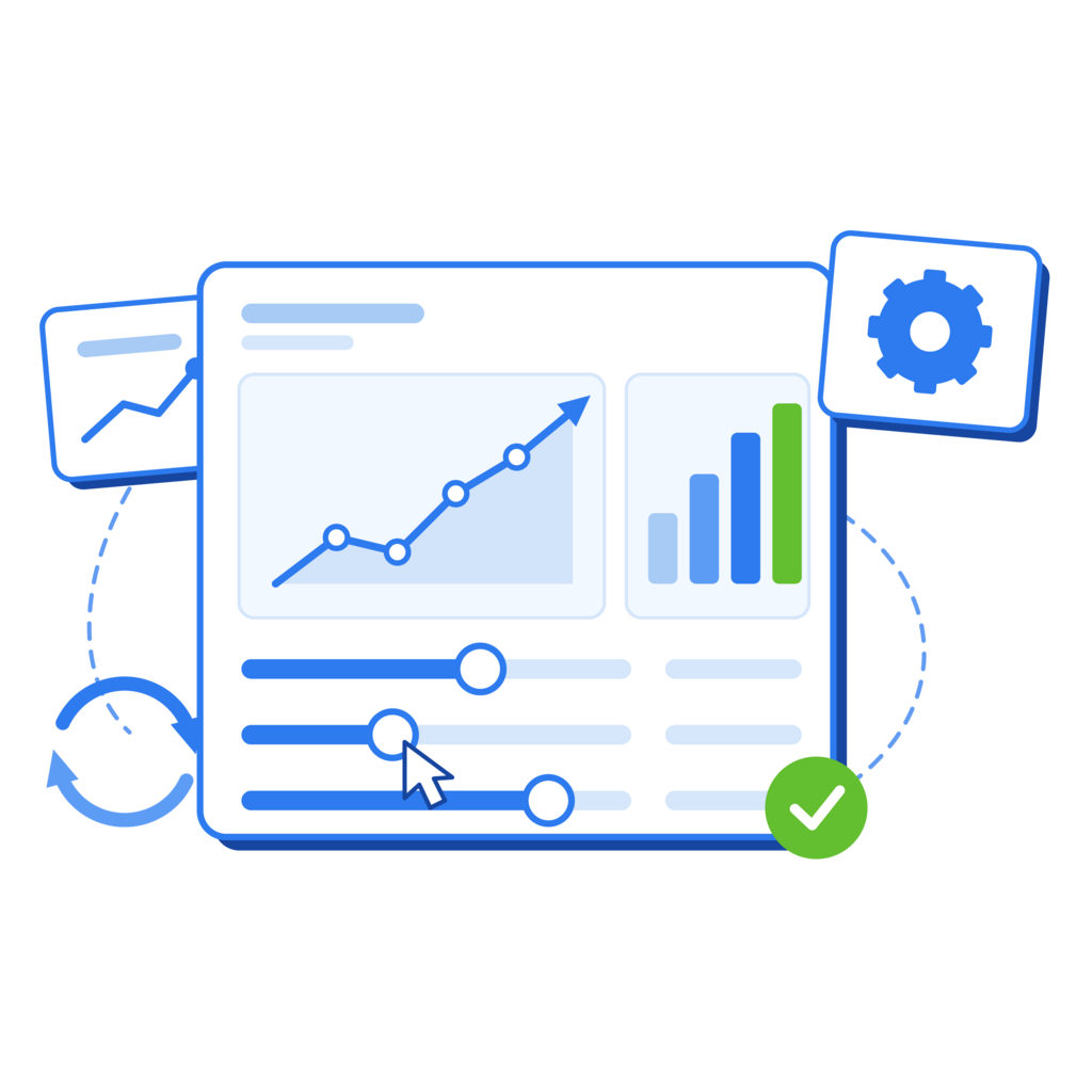 Illustration of a marketing analytics dashboard with rising performance charts and optimization controls.