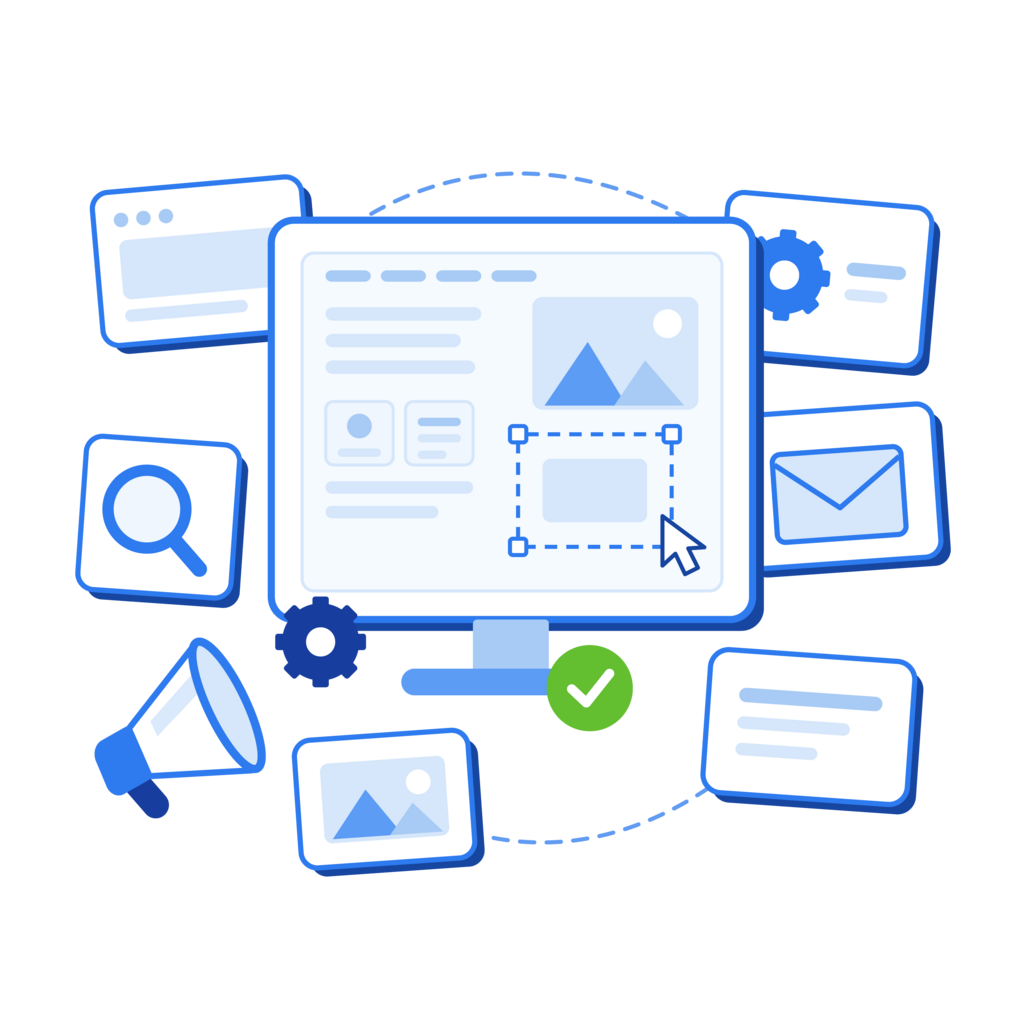 Illustration of a digital marketing workspace with website, search, advertising, email, and content tools.
