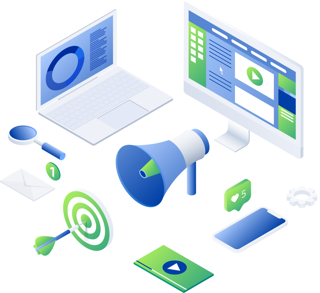 Digital marketing services for Lebanon, TN businesses — website screens, a megaphone, a target and mobile devices