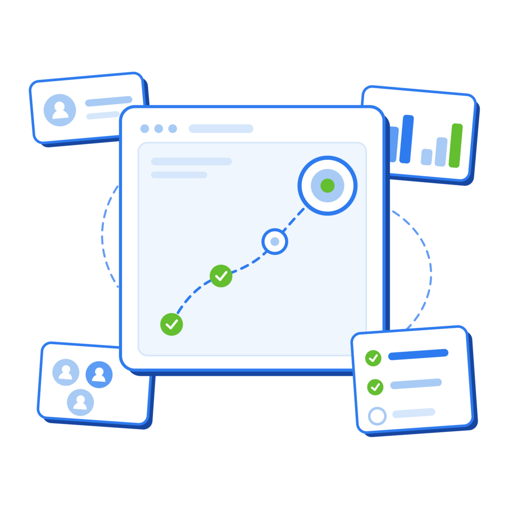 Illustration of a digital marketing roadmap with audience insights, goals, and prioritized action items.