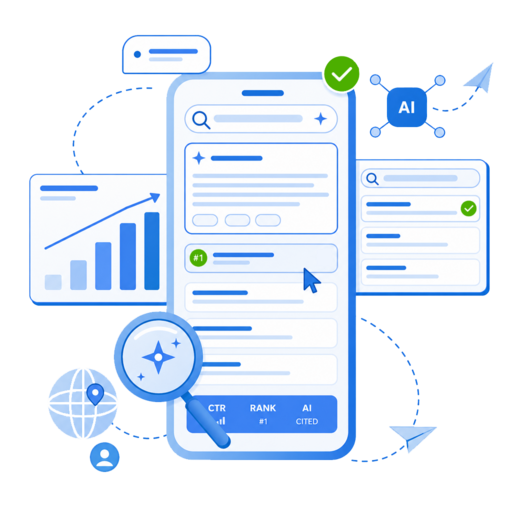 SEO and AI Search for Shelbyville, TN businesses — search results, ranking charts and an AI prompt on a phone